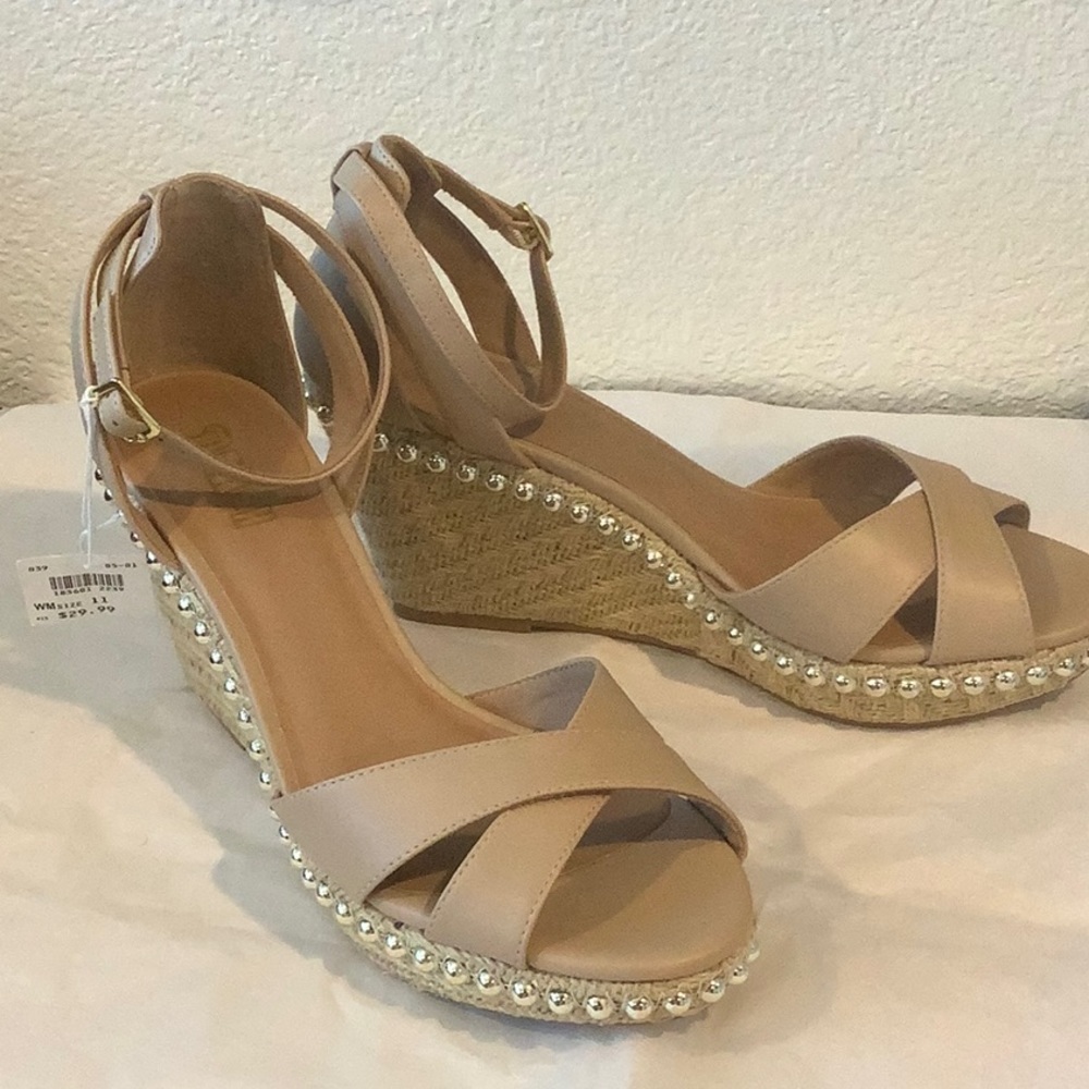 Size 11 Brash nude wedge with nailhead detail in silver, new in box